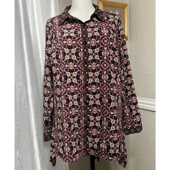 Vintage 70s Button Up Blouse Notations Womens Print Long Sleeve Size 1X - Picture 1 of 11